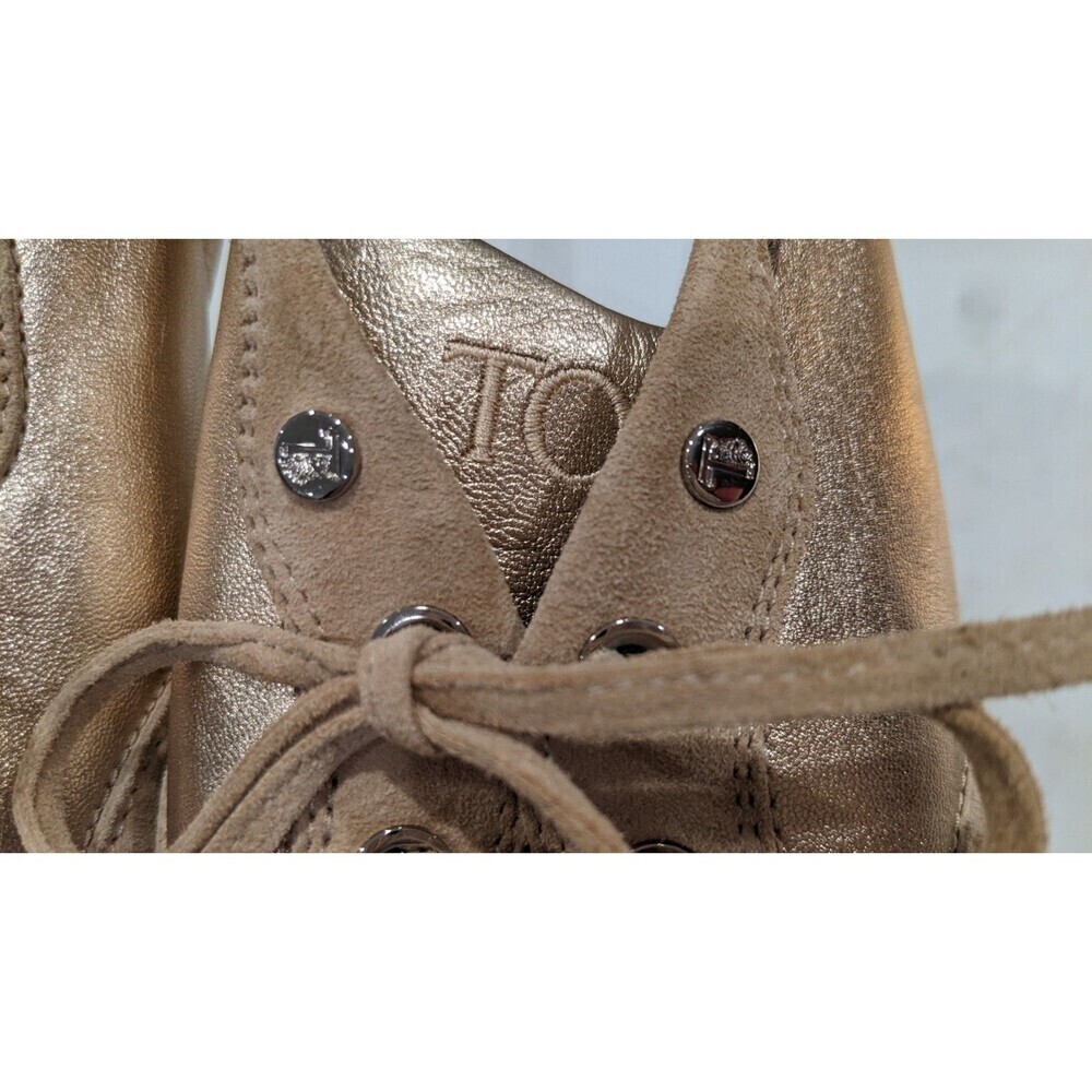 Women's TOD'S Beige Leather & Metallic Gold/Pewter Leather Low-Top Sneakers 11.5 - Picture 3 of 13